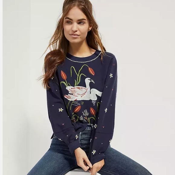 Anthropologie Swan Lake Embroidered Sweatshirt size Small - Picture 1 of 7